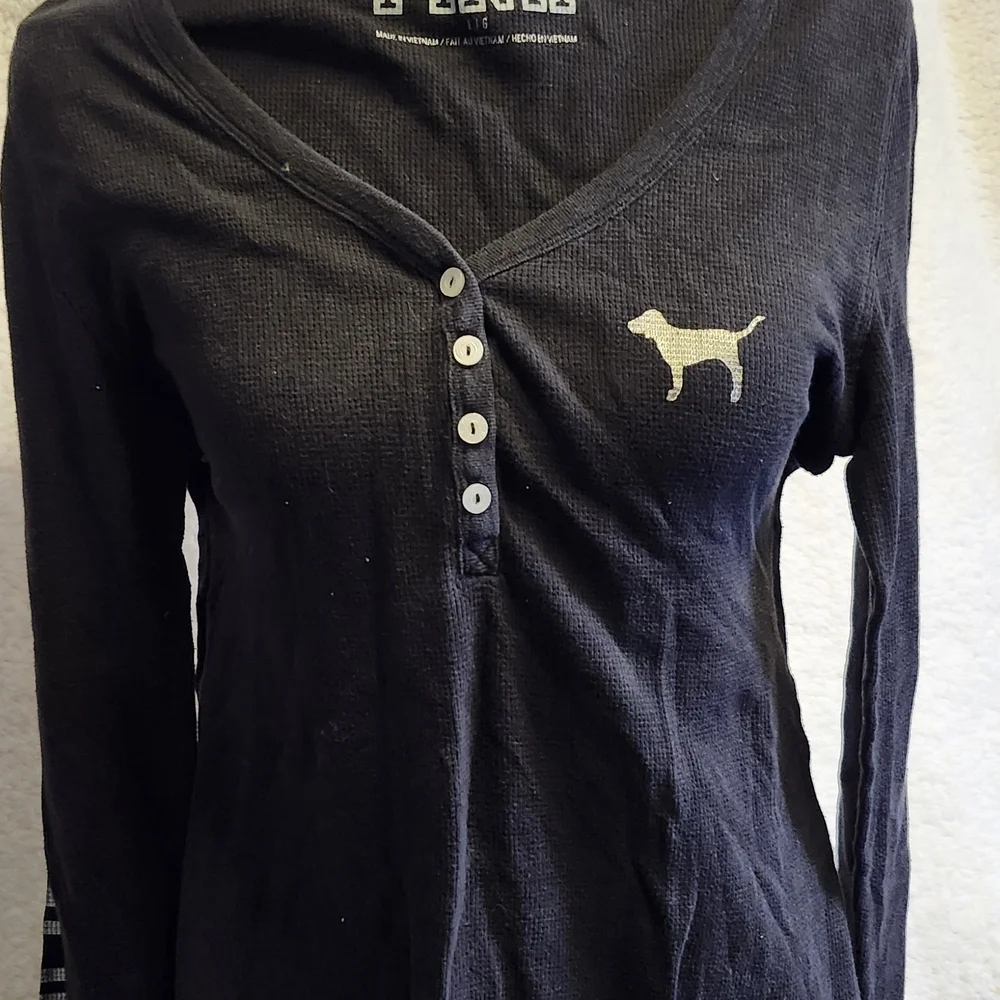 Victoria's Secret Black Long-Sleeve Henley with Cream Dog Logo